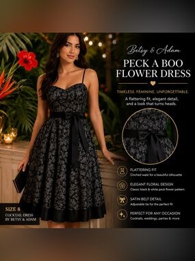 Betsy & Adam by Midi Cocktail Black and White Peek A Boo Flower Dress. Size 8
